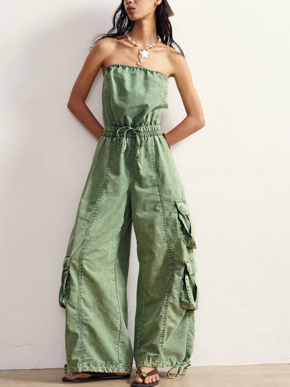 Army Green Casual Women's Woven Loose Strapless Washed Jumpsuit